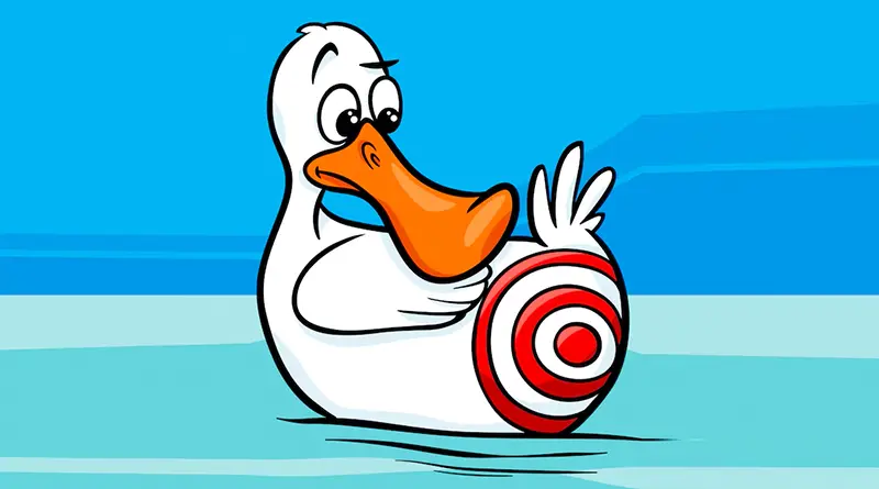 Cartoon duck with a target symbol highlighting the risks of outdated software.