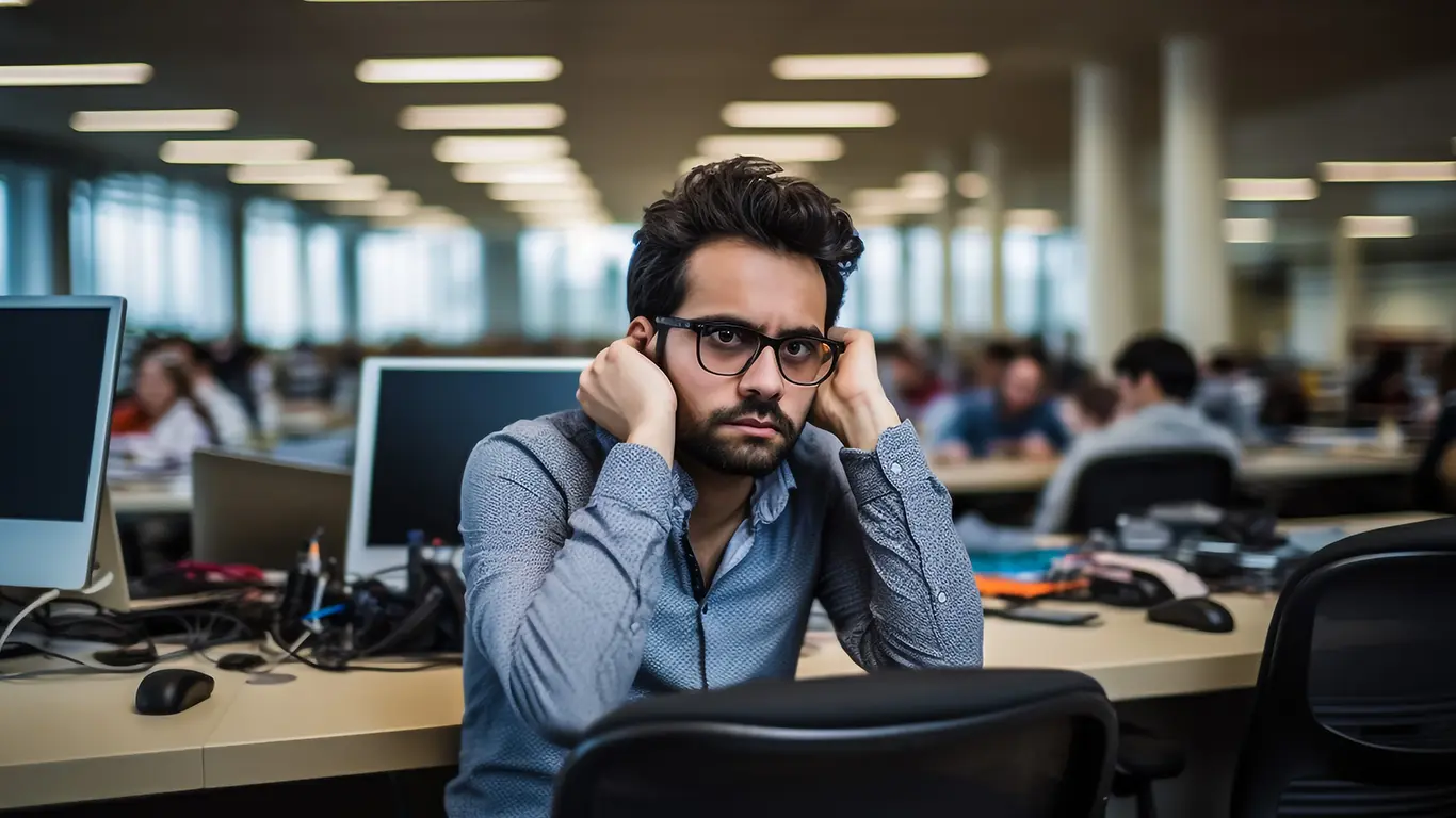 Business owner looking stressed among piles of tech equipment