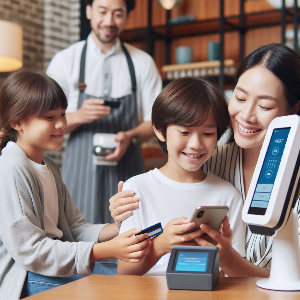 Family using a smartphone for contactless hotel check-in during their travel plan
