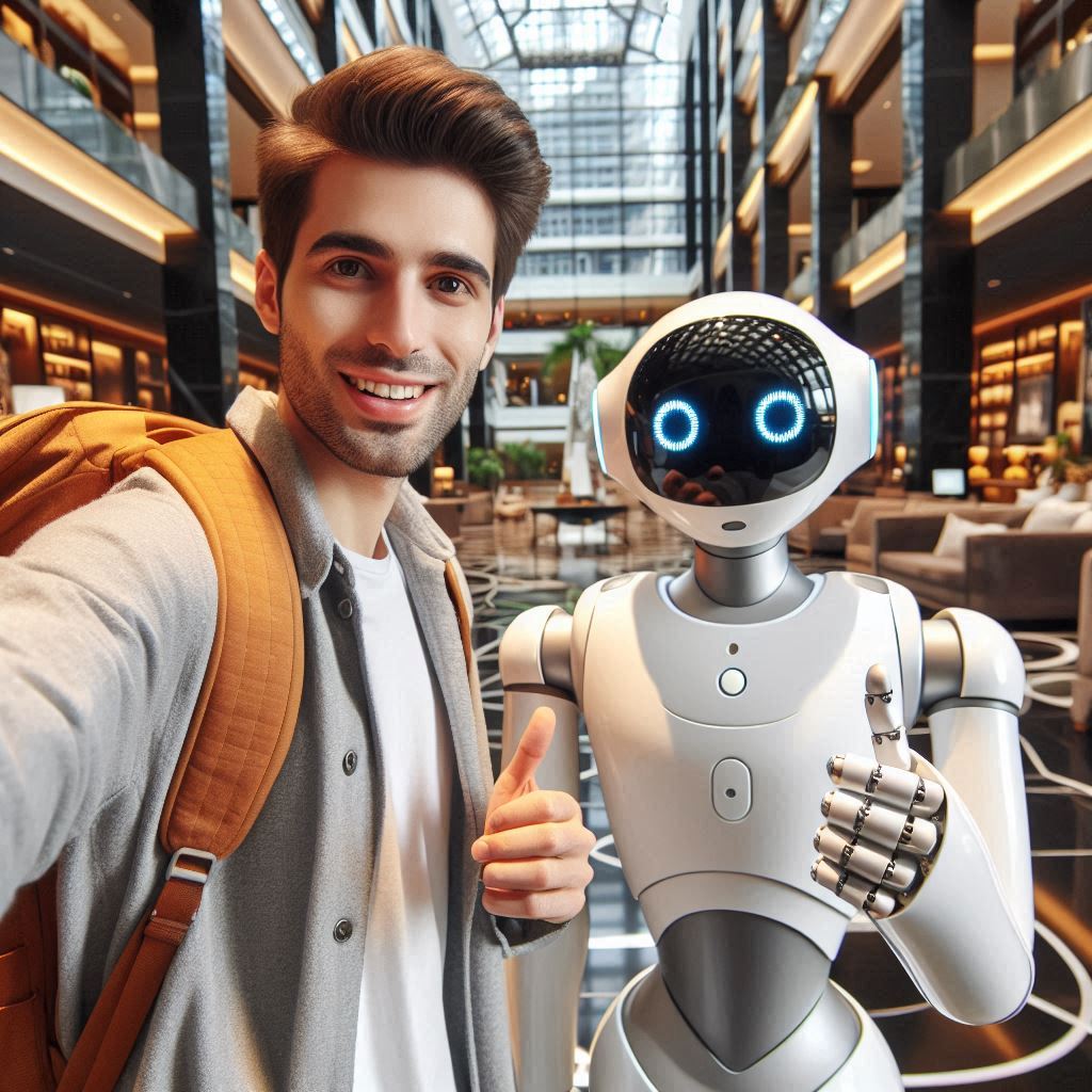 Traveler smiling with a robot hotel concierge during his IT enhanced Travel experience
