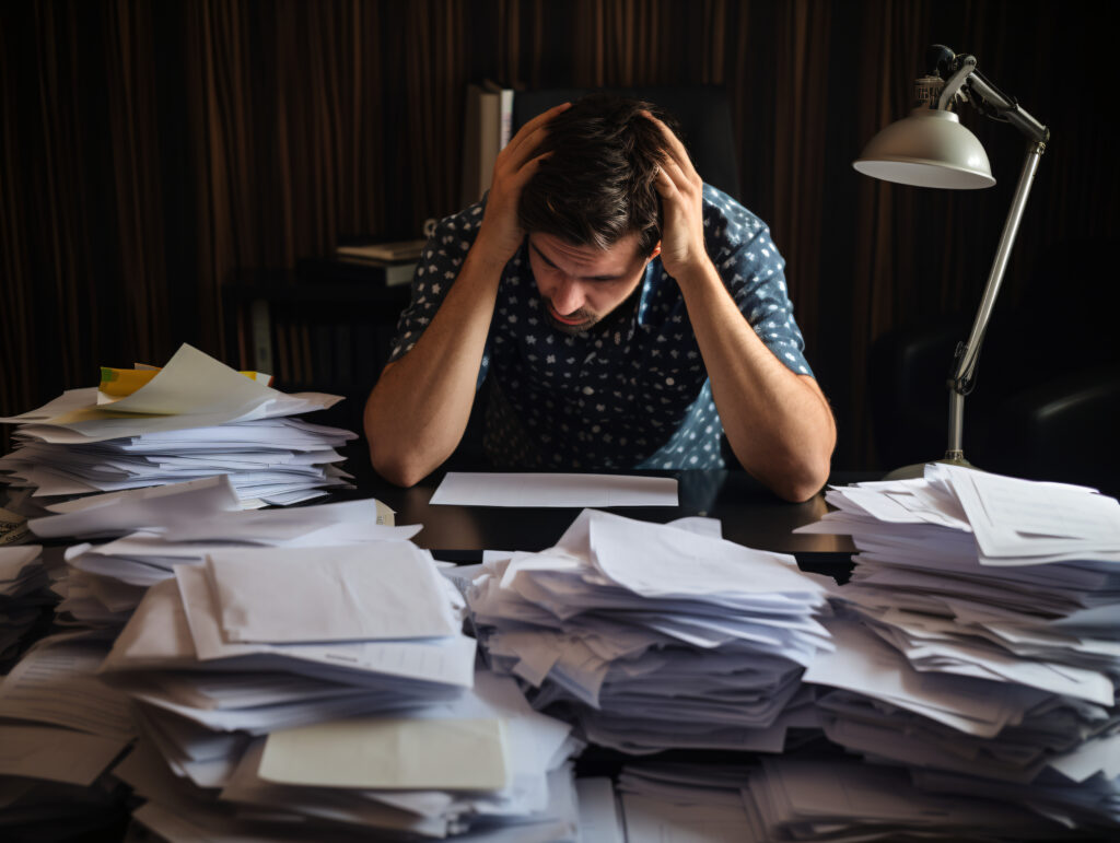 The need of AI - Frustrated person overwhelmed by piles of invoices on a desk.