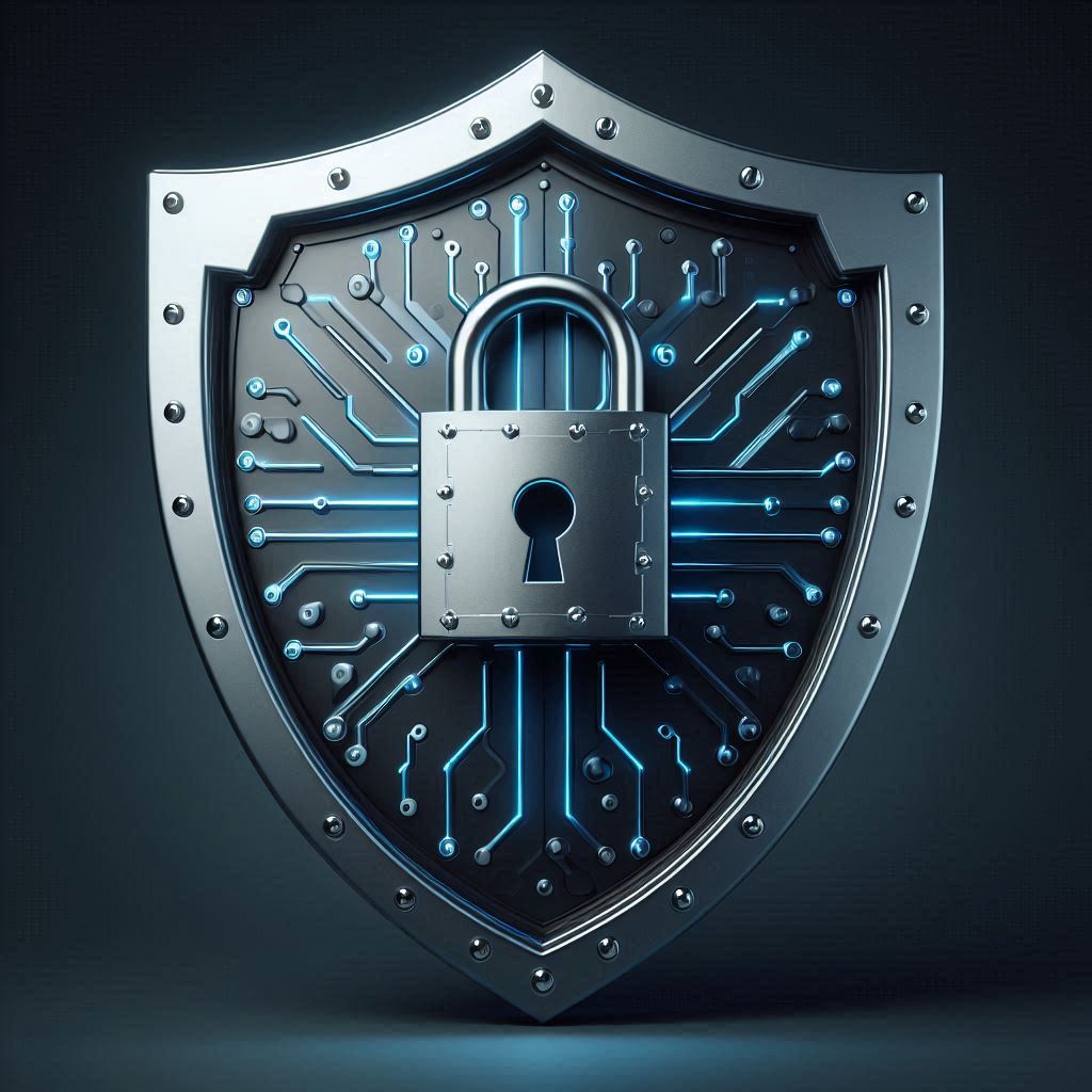 Shield with a lock for cybersecurity protection.
